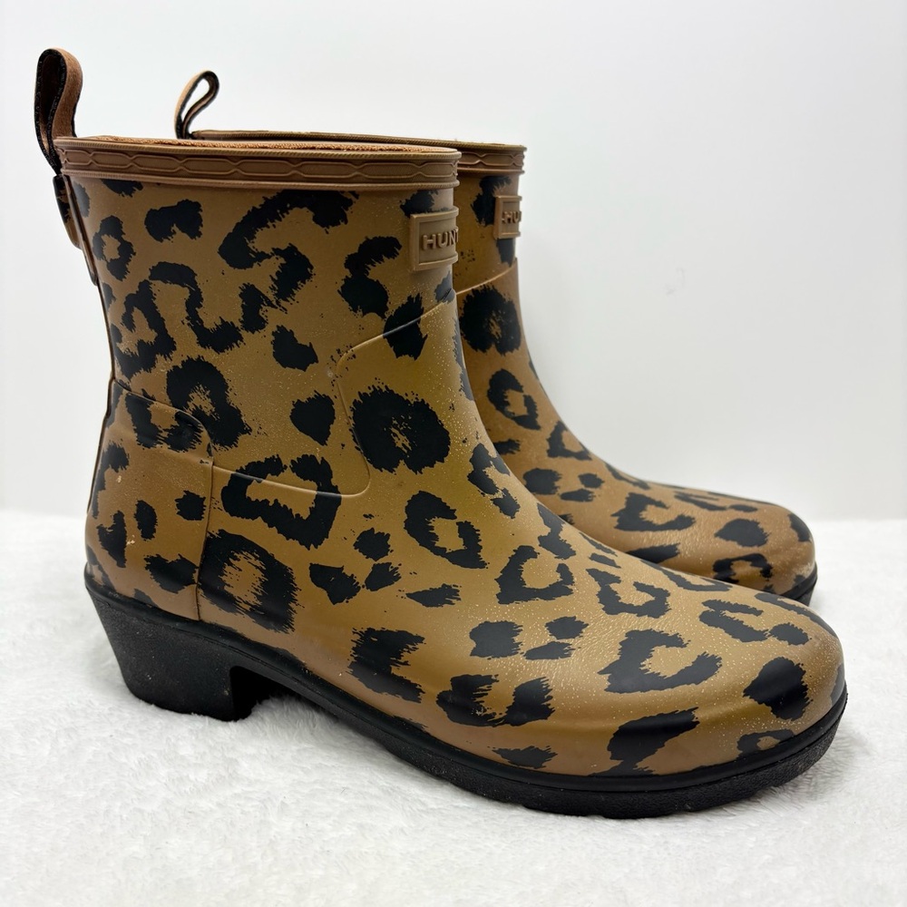 Hunter Leopard Print Matte Block-Heel Rain Booties Girl Size 6